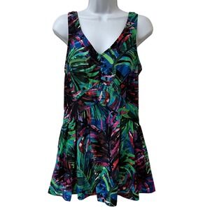 Maxine of Hollywood Womens Tropical Palm Swim Dress Blue Green Magenta Size 14